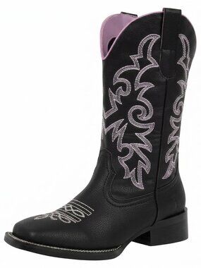 Women's Black Faux Leather Cowgirl Boots Femme Square Toe Mid Calf Brown Boots